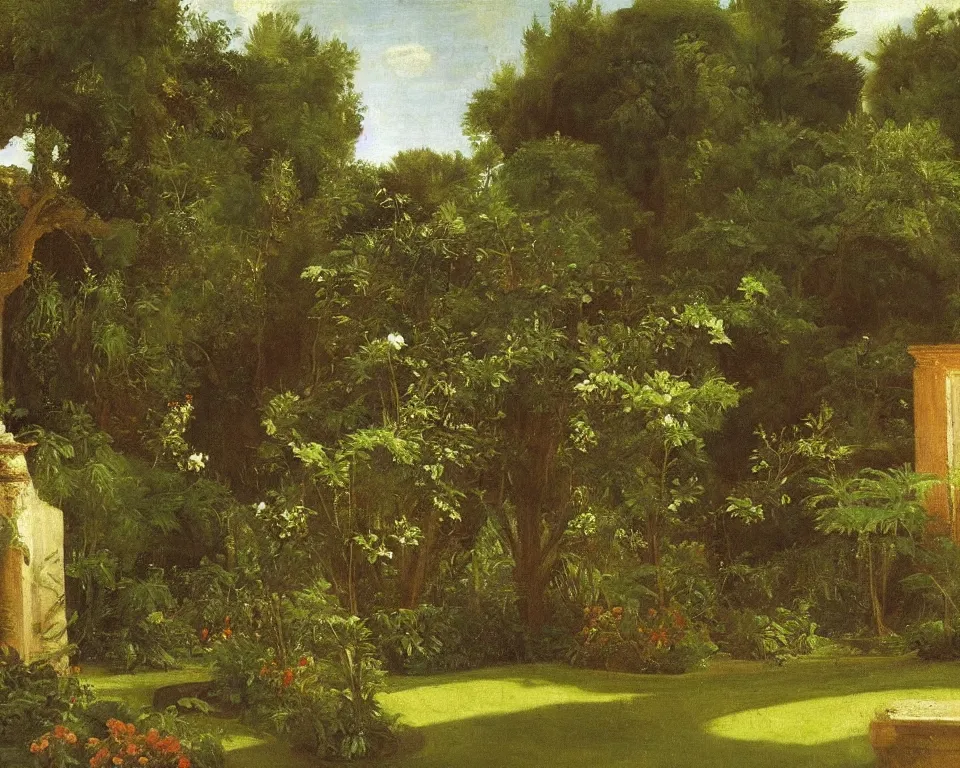 Image similar to an achingly beautiful oil painting of the lush interior garden of a Roman villa by Raphael and Hopper.