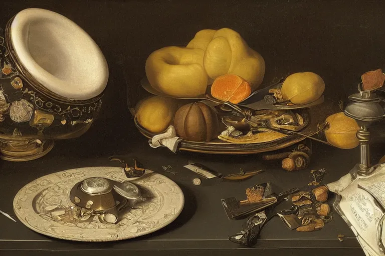 Prompt: a vanitas painting by clara peeters and pieter claesz, depicting an NVIDIA RTX A100 GPU, graphics card, computer parts, GPU shot etched