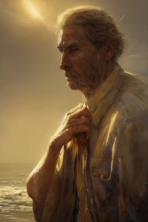 Prompt: Atlantis fisherman, close-up portrait, poor, intricate, elegant, volumetric lighting, scenery, digital painting, highly detailed, artstation, sharp focus, illustration, concept art,ruan jia, steve mccurry