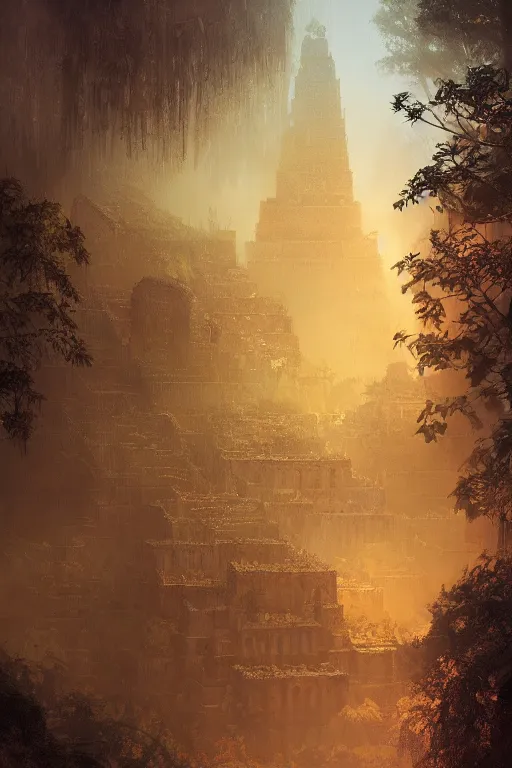 Image similar to old aztec city of gold in the middle of the forest, intricate, elegant, volumetric lighting, digital painting, highly detailed, artstation, sharp focus, illustration, concept art, ruan jia, steve mccurry