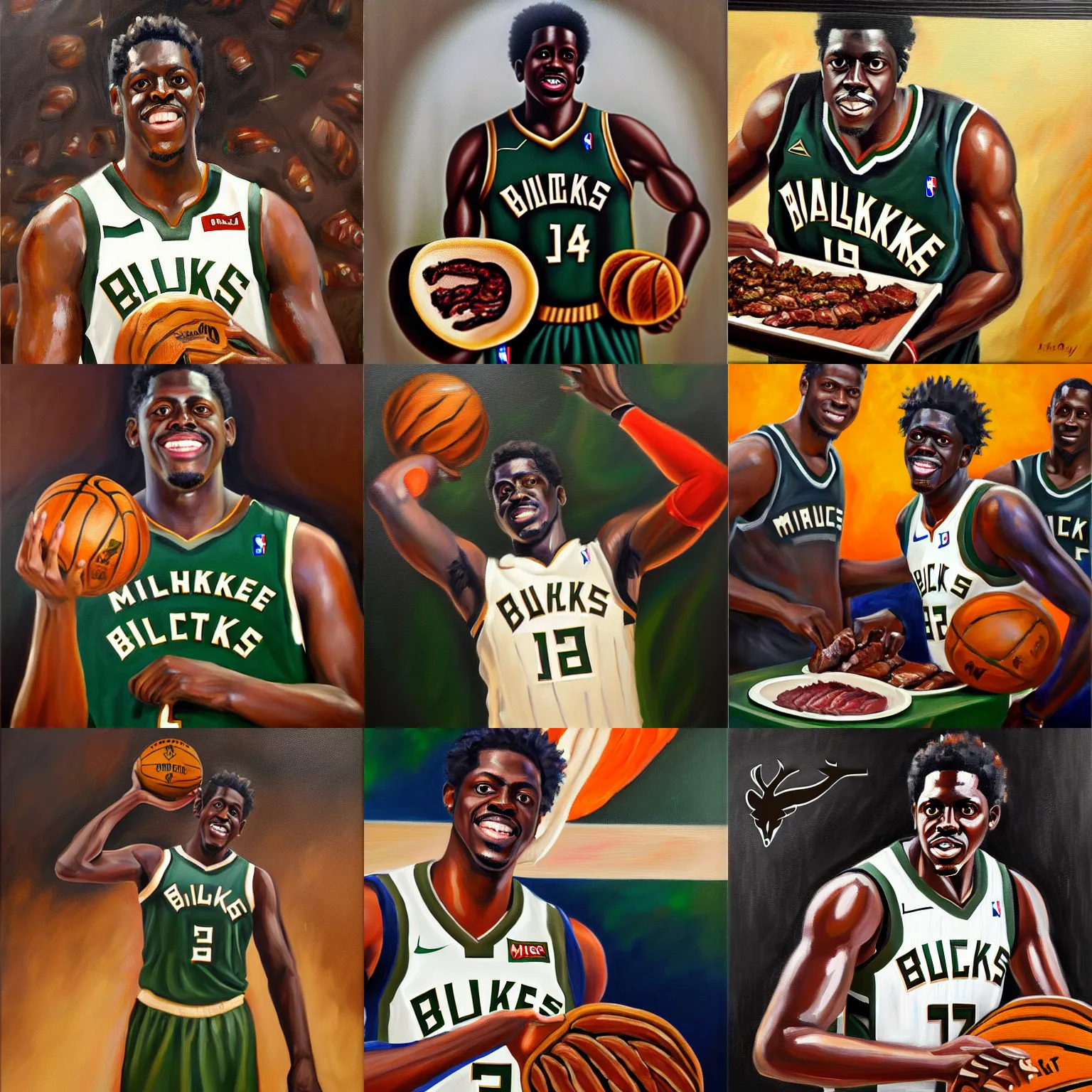 Prompt: portrait of milwaukee bucks jrue holiday grilling meat, oil on canvas painting by william sidyney mount, 1 9 3 3, trending on artstation