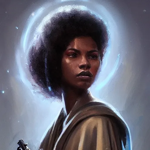 Image similar to portrait of a woman by greg rutkowski, young jedi knight, black, afro hair, pretty, star wars expanded universe, she is about 2 0 years old, wearing jedi robes, highly detailed portrait, digital painting, artstation, concept art, smooth, sharp foccus ilustration, artstation hq