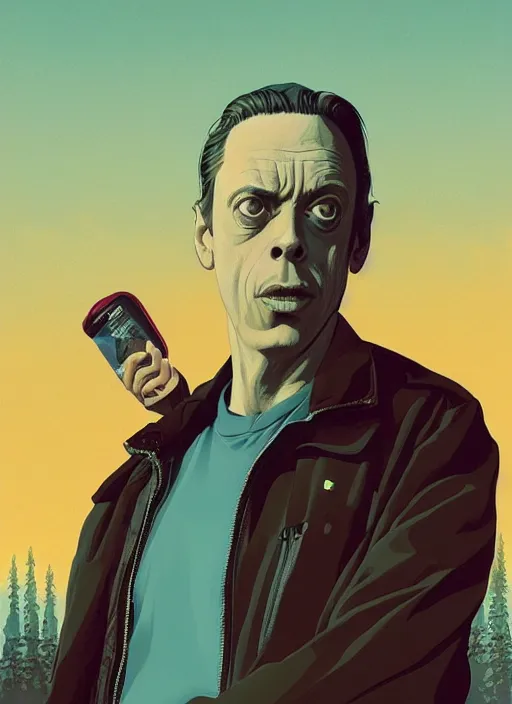 Image similar to poster artwork by Michael Whelan and Tomer Hanuka, Karol Bak of Steve Buscemi the local gas station attendant, from scene from Twin Peaks, clean, simple illustration, nostalgic, domestic, full of details