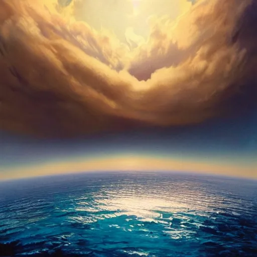 Prompt: beautiful matte painting of a dreamy ocean with clouds, sci - fi, daylight, blue sky, cinematic lighting, cinematic perspective big black planet above, syd mead, john harris, federico pelat, detailed, 4 k, hd