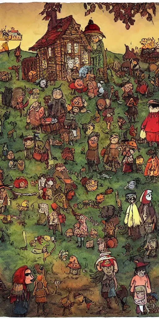 Image similar to a thanksgiving day scene with pilgrims and native americans by alexander jansson, joel fletcher, owen klatte, angie glocka, justin kohn, maurice sendak. thanksgiving day color palette.