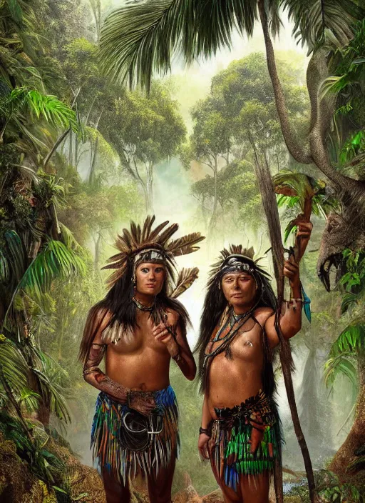 Prompt: two highly realistic indigenous people working together in the jungle, fantasy art, highly detailed, matte painting