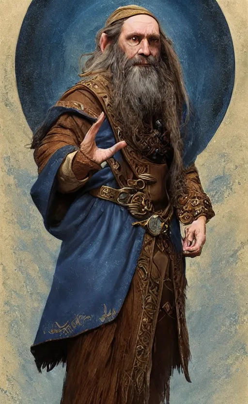 Image similar to portrait of a middle aged elf with a long beard, dressed in a blue cloak with clock iconography, brown hair, raised hand, detailed face, fantasy, highly detailed, cinematic lighting, digital art painting by greg rutkowski