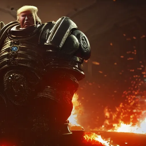 Image similar to Portrait of donald trump as the emperor of humanity from warhammer 40k in Gears of War, splash art, movie still, cinematic lighting, dramatic, octane render, long lens, shallow depth of field, bokeh, anamorphic lens flare, 8k, hyper detailed, 35mm film grain