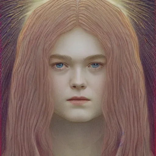 Image similar to professional painting of Elle Fanning in the style of Jean Delville, head and shoulders portrait, symmetrical facial features, smooth, sharp focus, illustration, intricate, stormy weather, extremely detailed masterpiece,