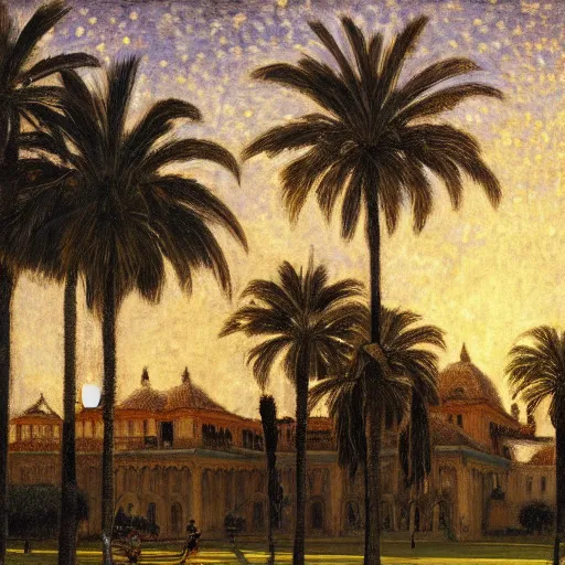 Prompt: a ultradetailed beautiful painting of the night on the amazonas palace by jules bastien - lepage, hans belmer, frank weston and gustave baumann, trending on artstation, mediterranean, palm trees, light sparkles, sharp focus, soft light, 8 k 4 k