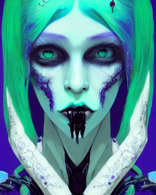 Prompt: portrait of funny blue and green eyes goth dark queen of the vampire council, intricate abstract. intricate artwork, by tooth wu, wlop, beeple, dan mumford. concept art, octane render, trending on artstation, greg rutkowski very coherent symmetrical artwork. cinematic, key art, hyper realism, high detail, octane render, 8 k, iridescent accents