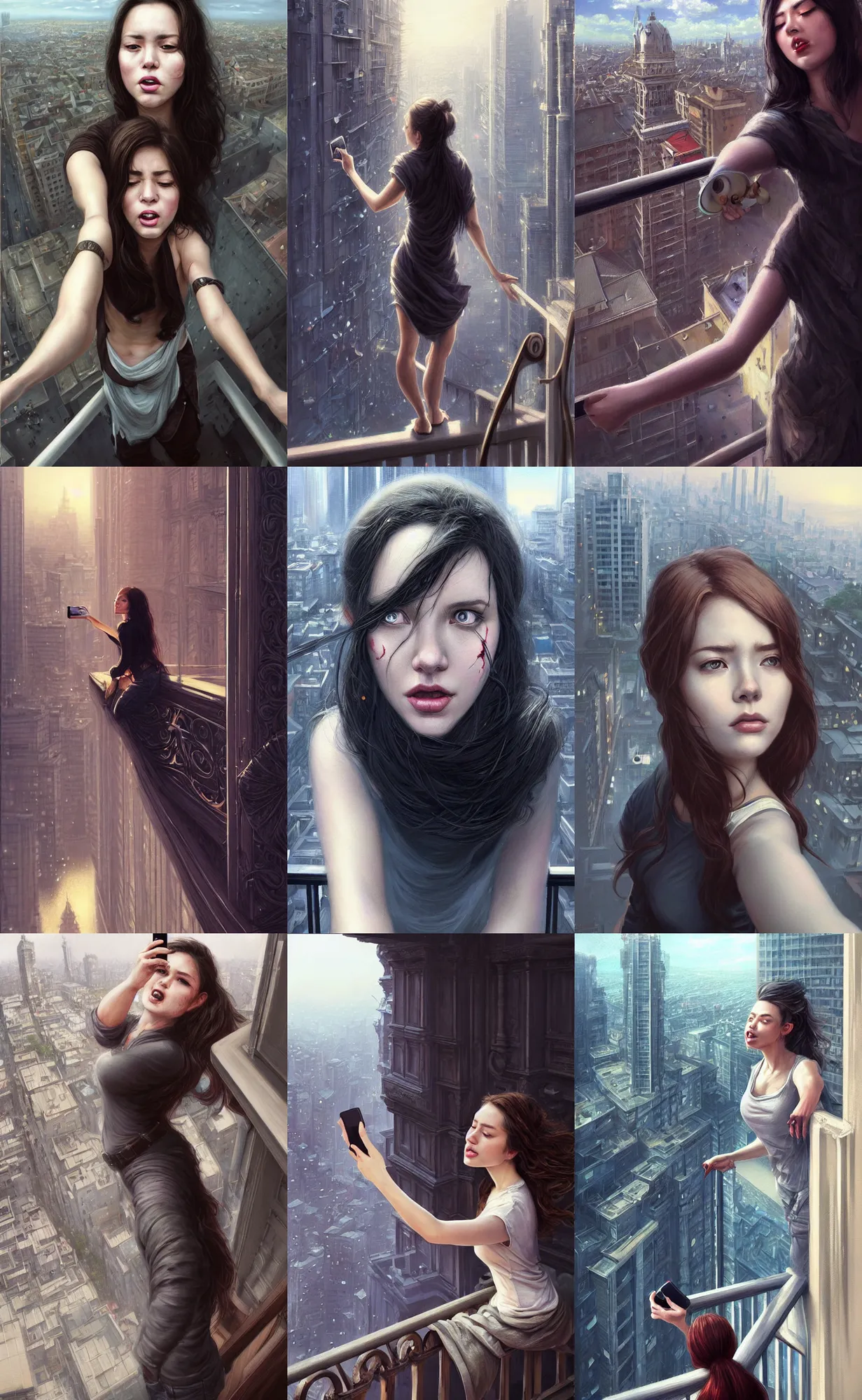 Prompt: woman taking dangerous selfie sitting on a balcony railing her eyes wide with fear her lips parted about to scream, background is view looking down at a city, digital painting, intricately detailed, highly detailed, artwork by greg rutkowski, artwork by ross tran, artwork by randy vargas, artwork by artgerm, artwork by alex garner, trending on artstation