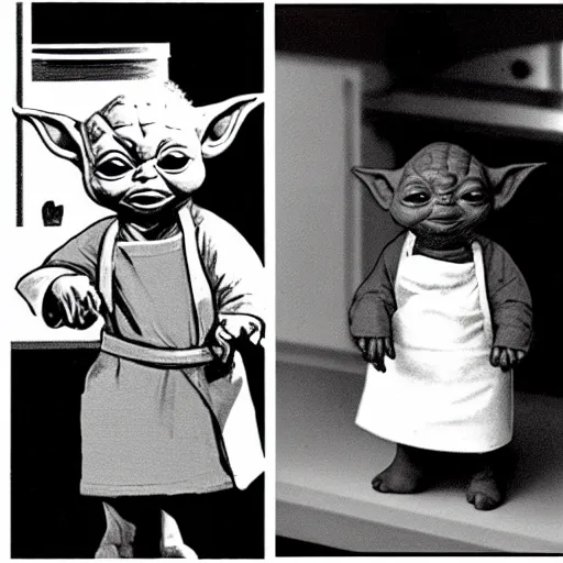 Image similar to tiny and innocent baby yoda appears as a chef wearing a white chefs hat and apron in a beautiful kitchen, preparing some food