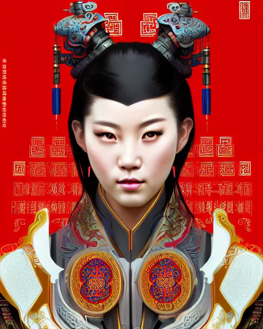 Image similar to portrait of a chinese cyberpunk machine, machine face, robed, upper half portrait, decorated with chinese opera motifs regal royal fierce machine robot cyberpunk fine china, wuxia, traditional chinese art intricate intense elegant highly detailed digital painting artstation concept art smooth sharp focus illustration, art by artgerm and greg rutkowski alphonse mucha 8 k