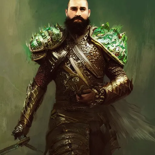 Prompt: A portrait of a king with short hair and a trimmed beard, dual wielding swords, wearing green dragon scale armor and a cheetah pelt cloak, fantasy, digital art by Ruan Jia, Donglu Yu