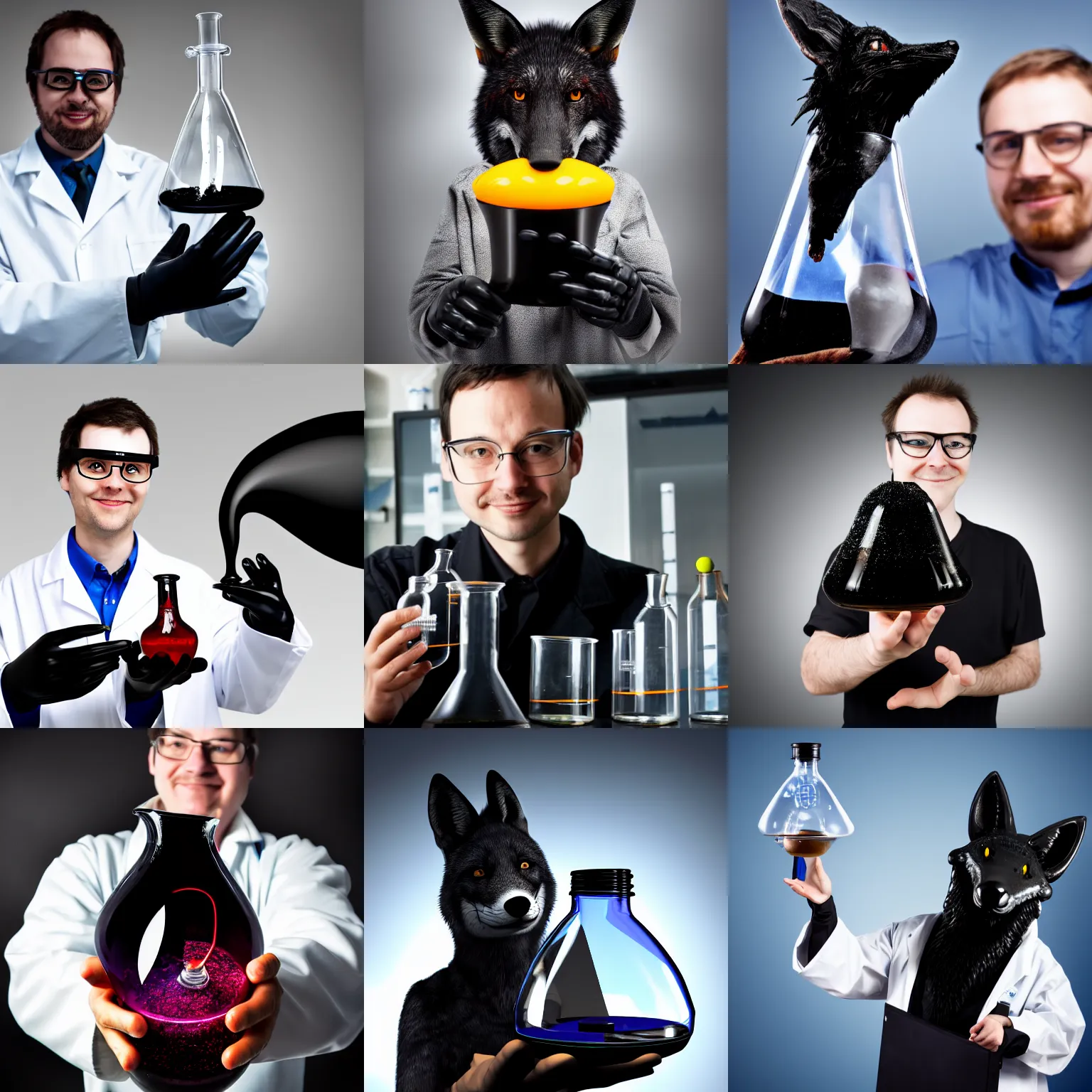 Prompt: a scientist with an erlenmeyer containing a sentient black goo in his hand, high resolution, realistic, hd, dragon, husky, fox, cheese, 8 k