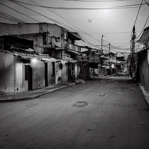 Image similar to fotografia of nothingness on the favela street at night after the war between humans and AIs by hasior