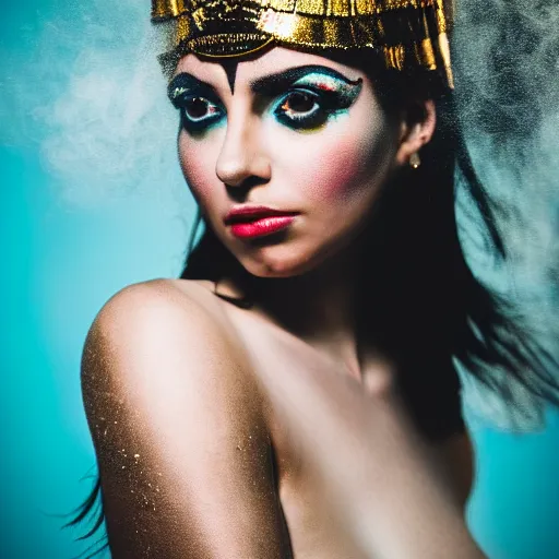 Prompt: Photo of Cleopatra, close-up, high detail, studio, ominous background, smoke, 85mm Sigma Art Lens