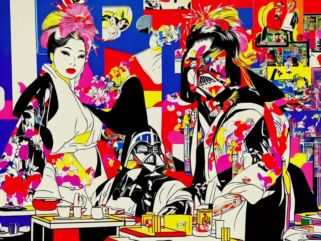 Image similar to hyperrealistic composition, in the middle a woman in a japanese kimono, behind her stands darth vader, in front of her a table from the casino, in the background is mount fuji and fireworks, pop - art style, jacky tsai style, andy warhol style, roy lichtenstein style, acrylic on canvas