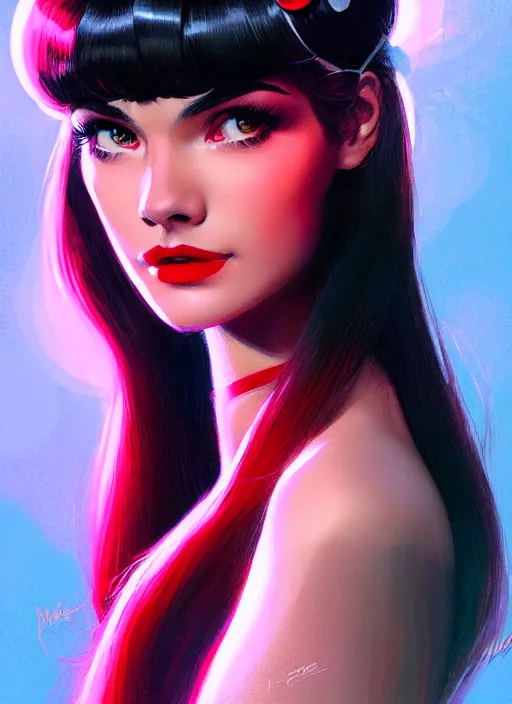 Prompt: portrait of veronica lodge with bangs, 1 9 6 0 s, long hair, red hairband, bangs, intricate, elegant, glowing lights, highly detailed, digital painting, artstation, concept art, smooth, sharp focus, illustration, art by wlop, mars ravelo and greg rutkowski