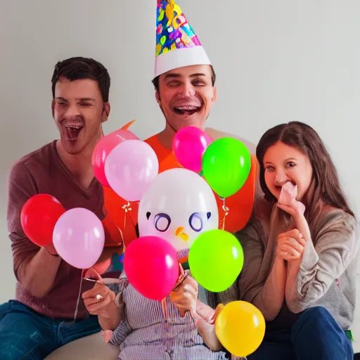 Prompt: birthday balloons with a realistic smiling face