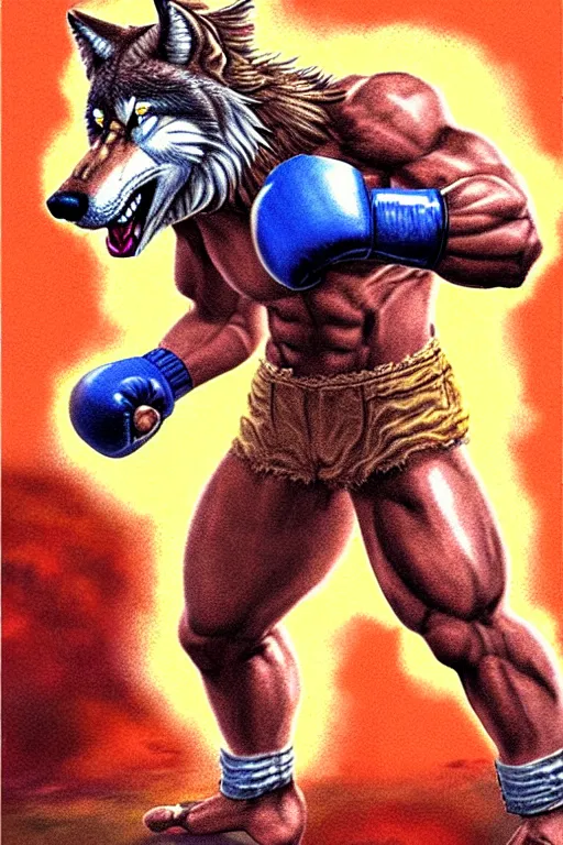 Prompt: extreme long shot. 8 bit nes graphics. antropomorphic muscular masculine wolf. kickboxer fighter, in shorts. wolf head. furr on body. art from nes game cartridge