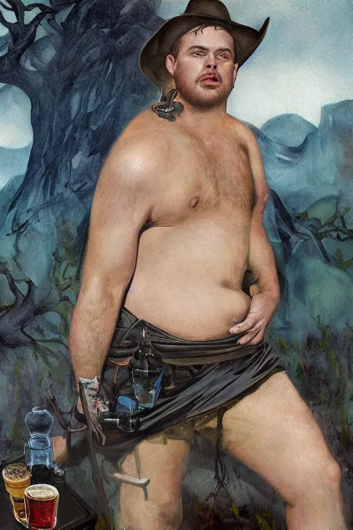 Prompt: a dramatic, epic, ethereal painting of a handsome thicc shirtless mischievous cowboy beer belly wearing a leather belt offering a jug | background is a late night campfire with food and jugs of whisky | tarot!! card, art deco, art nouveau, homoeroticism, detailed face, deep moody colors | by Mark Maggiori | trending on artstation