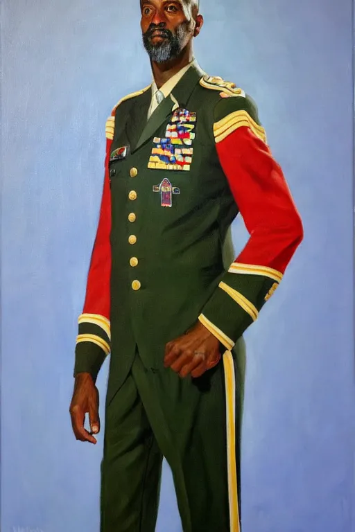 Image similar to full body portrait of the dictator of the los angeles lakers, 1 9 5 5, in full military garb, oil on canvas by william sidney mount, trending on artstation