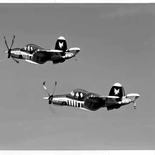 Image similar to black and white photograph of north american p - 5 1 mustangs in flight.