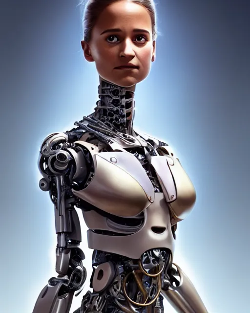 Image similar to weta disney pixar movie still head and torso portrait photo of young alicia vikander lying on her back on a mechanical table with a white ponytail as thoughtful intricate detailed mechanical plastic cyborg girl by pixar, by weta, wlop, ilya kuvshinov, rossdraws, artgerm, latex, iridescent, bright morning, anime, liosh, mucha