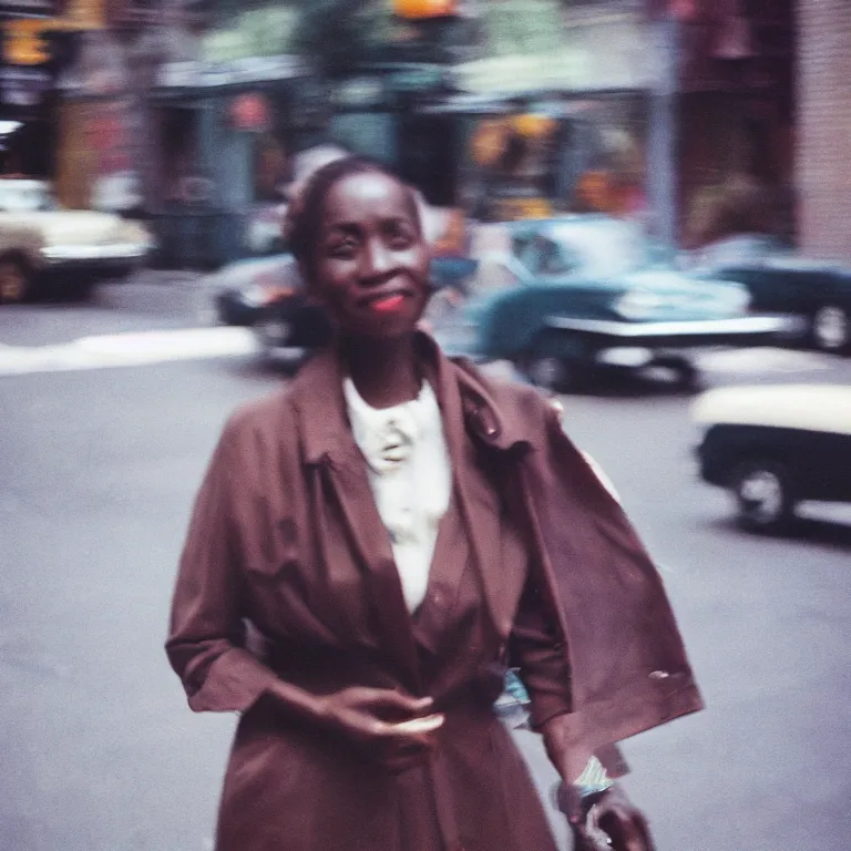 Prompt: analog medium format film motion blur portrait of woman in harlem, 1 9 6 0 s hasselblad film street photography, featured on unsplash, photographed on vintage expired colour film