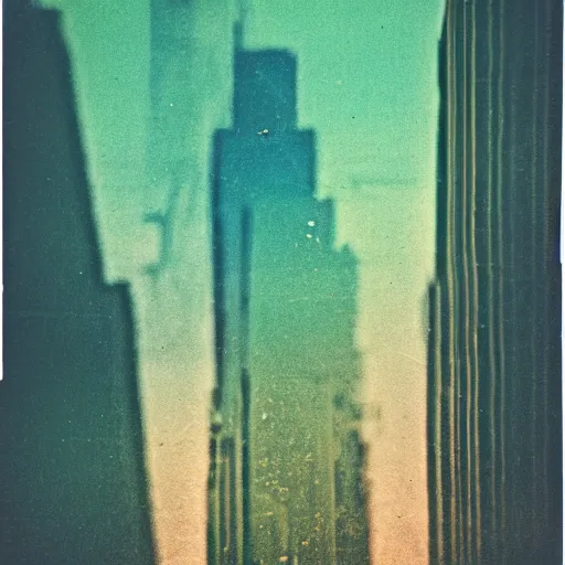 Prompt: polaroid of dream, city, double exposure, chromatic aberration