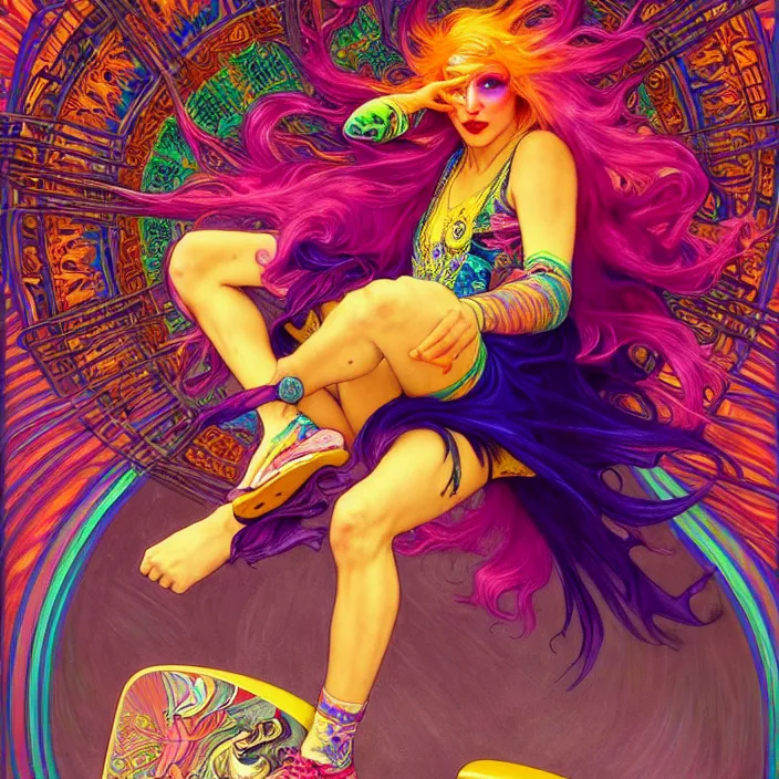 Image similar to bright psychedelic photo of a witch riding a skateboard in a supermarket, diffuse lighting, fantasy, intricate, elegant, highly detailed, lifelike, photorealistic, digital painting, artstation, illustration, concept art, smooth, sharp focus, art by John Collier and Albert Aublet and Krenz Cushart and Artem Demura and Alphonse Mucha