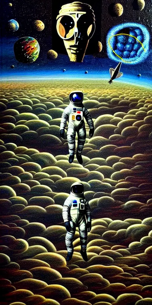 Prompt: a high detailed painting with many textures and of a headless astronaut with a quantum transcendence to the next plane, surrealism, disturbing cybergothic high image quality