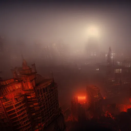 Image similar to a city hewn from meat and bones, night time, foggy, eerie lighting, 4k, unreal engine, artstation, photorealistic