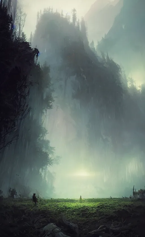 Prompt: a beautiful artwork illustration, a fallen giant laying defeated in the distance engulfed in nature, volumetric fog, godrays, high contrast, high contrast, high contrast, vibrant colors, vivid colors, high saturation, by Greg Rutkowski and Jesper Ejsing and Raymond Swanland, featured on artstation, wide angle, vertical orientation