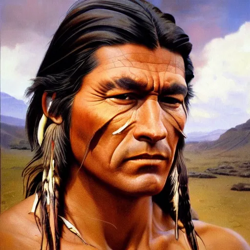 Prompt: ultra realistic portrait painting of a native american, art by frank frazetta, vintage levi ’ s ad, stormy weather, dark vibes, 4 k, ultra realistic, highly detailed, epic lighting