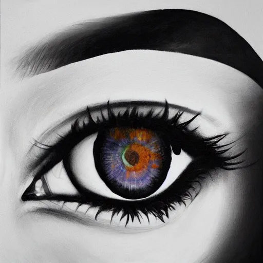 Prompt: beautiful painting, iris human's eye photo, without eye, black background, closeup shot, high resolution, high detail, hyper realistic, 4K, 8K