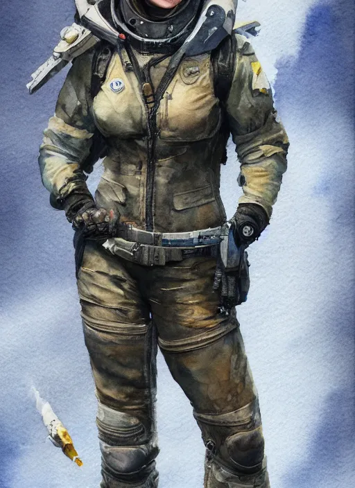 Image similar to full body concept art watercolor of a female pilot, watercolor painting, stunning, featured on artstation, cinematic lighting, hyperdetailed, cgsociety, 8k, dramatic, dark atmosphere, alluring