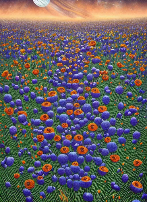 Image similar to detailed, intricate blue black and purple papaverum flower on the field, nebula, galaxy in the sky, winning award masterpiece, fantastically beautiful, illustration, aestheticly inspired, jacek yerka, upscale with anguissola sofonisba work, artstation, 8 k