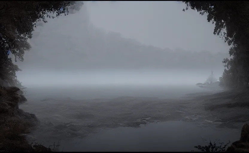 Prompt: a strange lake directed by charlie kaufman ( 2 0 0 1 ) anamorphic lenses, heavy fog volumetric light, cinematic trending on artstation in the style of greg rutkowski