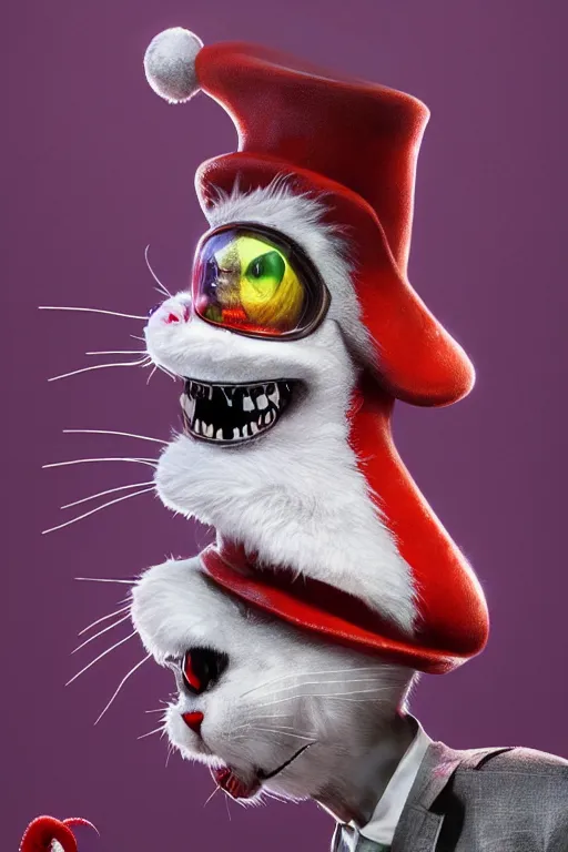 Image similar to complex 3 d render, hyper detailed, ultra sharp, cyborg cat in the hat, scary, comical, cinematic, natural soft light, rim light, octane render, artstation, art by artgerm and greg rutkowski and alberto seveso, dr seuss