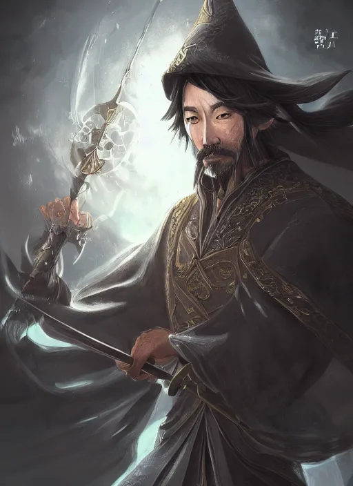 Prompt: a highly detailed illustration of Hiroyuki Sanada as wizard wearing black robe and mage hat, powerful magic wielding pose, intricate, elegant, highly detailed, centered, digital painting, artstation, concept art, smooth, sharp focus, league of legends concept art, WLOP