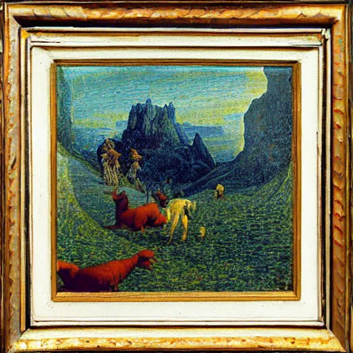 Prompt: a beautiful alien planet with plants and strange animals. Oil painting in the style of Segantini.