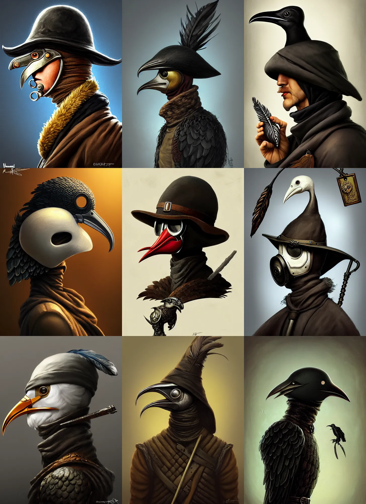 Prompt: rpg! profile!! portrait of humanoid bird on white background, beak, feathers, plague doctor, plastic doll, action figure, intricate, highly detailed, digital painting, artstation, concept art, smooth, sharp focus, illustration, art by norman rockwell emiliano ponzi andrey remnev yoann lossel aaron jasinski, 8 k