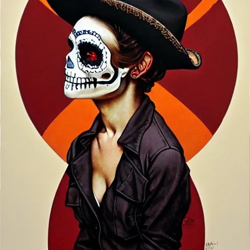 Prompt: in the style Norman Rockwell and Joshua Middleton, mila kunis, skull paint, dia de Los muertos, trenchcoat, day of the dead, full body, smiling, cowboy hat