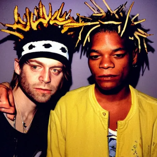 Image similar to kurt cobain and basquiat wearing a painted basquiat crown photorealistic