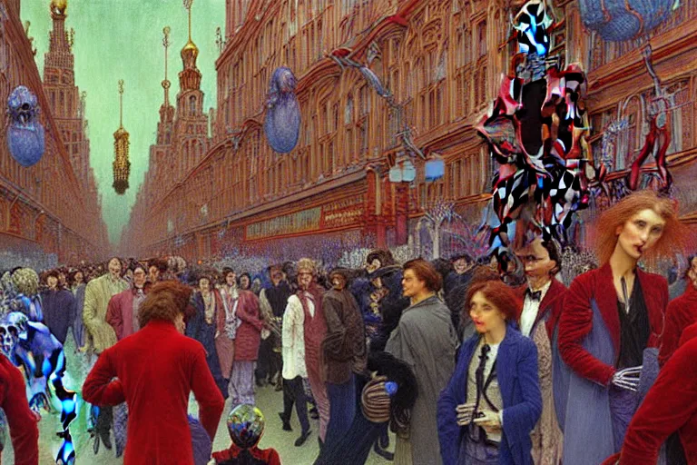 Prompt: realistic detailed closeup film shot painting of a single skeleton wearing red velvet blazer in a crowded futuristic moscow street by Jean Delville, Amano, Yves Tanguy, Alphonse Mucha, Ernst Haeckel, Andrei Tarkovsky, Edward Robert Hughes, Roger Dean, rich moody colours, wide angle, blue eyes