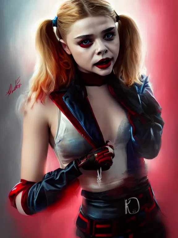 Image similar to chloe grace moretz as a beautiful harley quinn, digital painting, extremely detailed, 4 k, intricate, brush strokes, mark arian, artgerm, bastien lecouffe - deharme