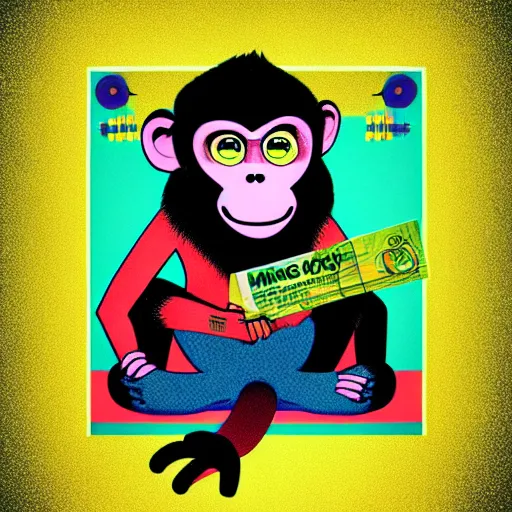 Prompt: a drug psa with monkey who high with marijuana, pop art, digiral art, highly rendered, octane rendered, 2 d style, colorful, colorama